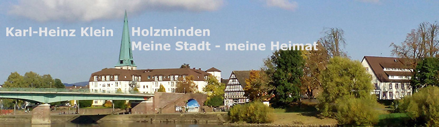 Mein Holzminden Panoramaaussicht auf die Stadt Holzminden und den Fluss mit grünen Bäumen und Architektur.